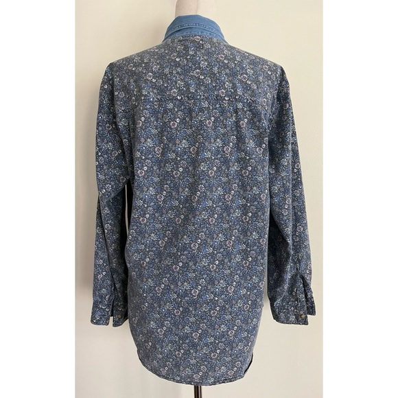 90s Vintage Denim Floral Print Button Up 100% Cotton Cottage Oversized Medium - Picture 2 of 5
